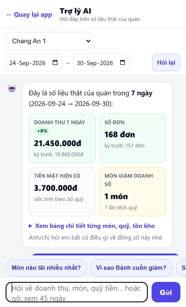 Màn Trợ lý: tóm tắt doanh thu 7 ngày, số đơn, tiền mặt, và gợi ý 3 việc nên làm